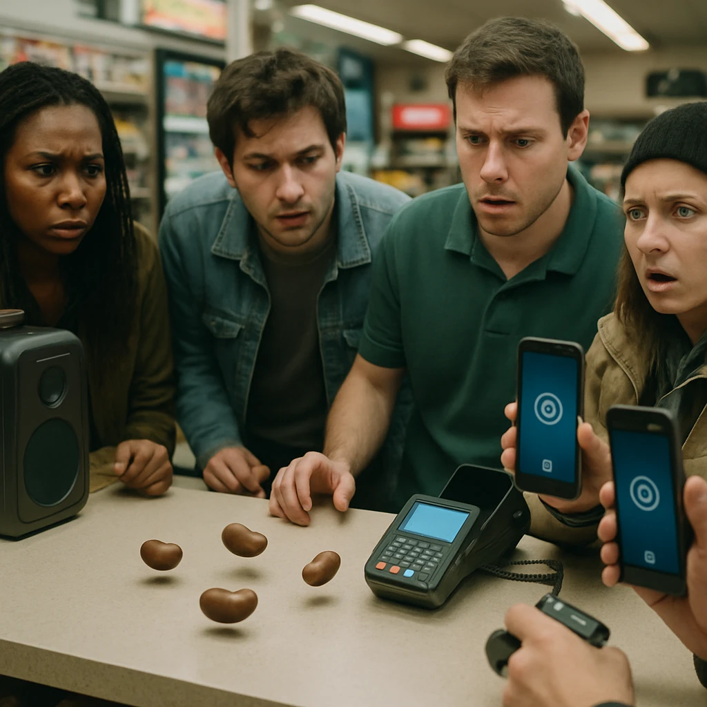 レジカウンターで小さな豆型オブジェクトが宙に浮かび振動し、客と店員がその様子を見守る店内の写真。