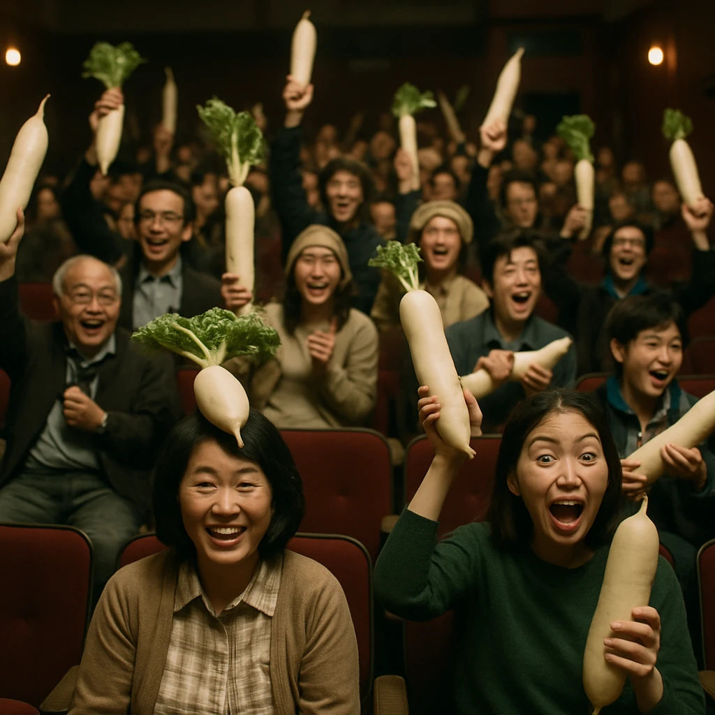 レトロな映画館の中で大根を身につけたり掲げたりして盛り上がる人々の生き生きとした様子の写真。