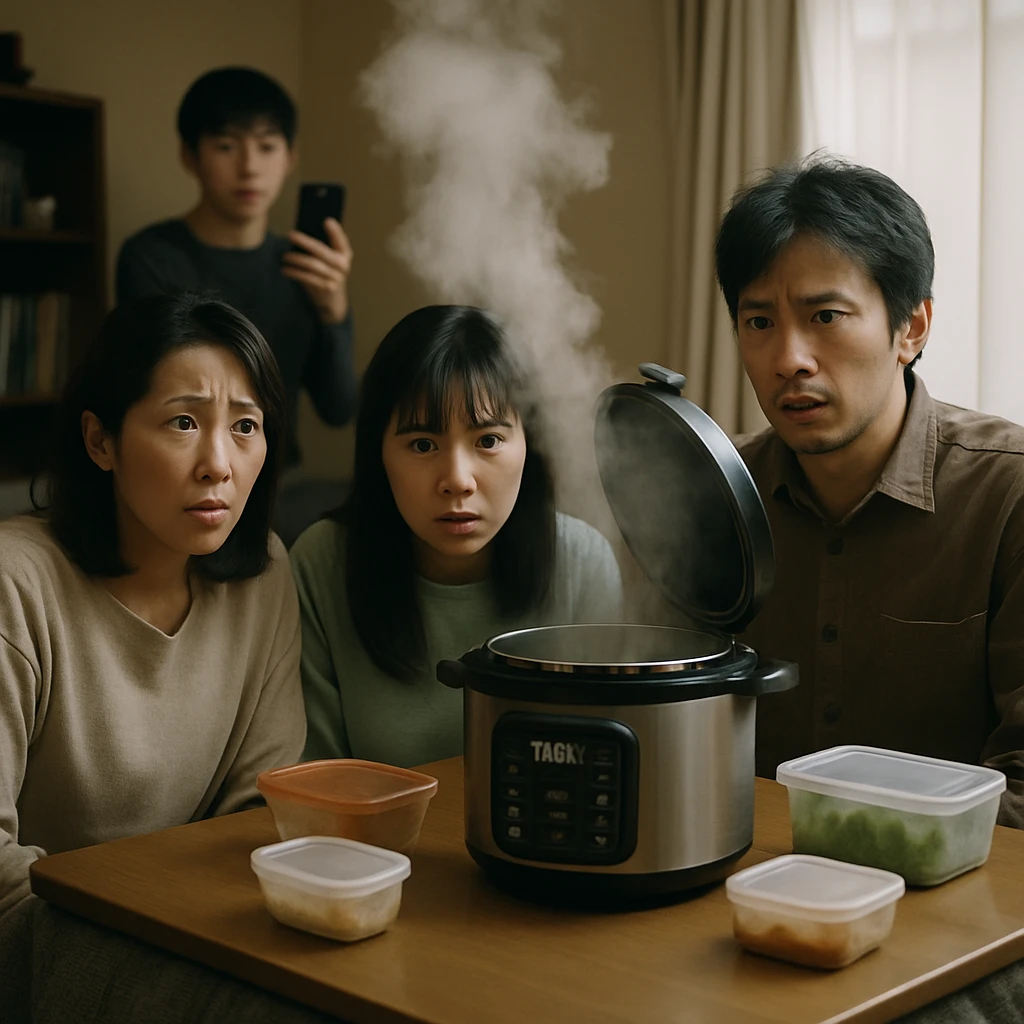 家族がコタツの下で困惑しながら、蒸気を吹き上げる電気圧力鍋や並ぶ保存容器の様子をリビングで見守っている写真。