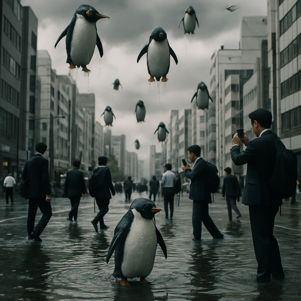 都心の大通りに水がたまり、雲からペンギン型の生物が降り注ぐ様子を歩行者が驚きながら見上げている。