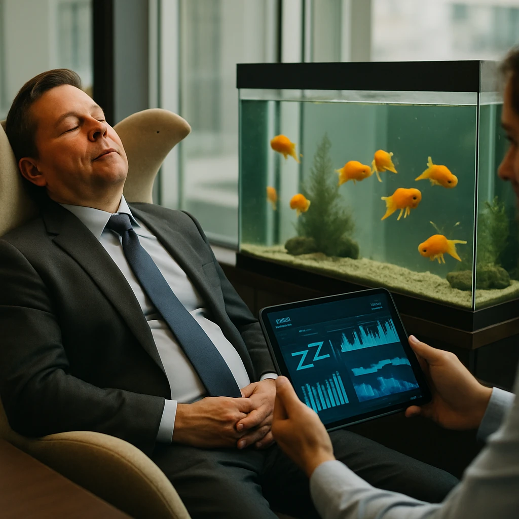 オフィスの会議室で、鳥の形をした椅子に座ってうたた寝するスーツ姿の男性と、金魚のいる水槽の横でタブレットを持つ社員がいる様子。