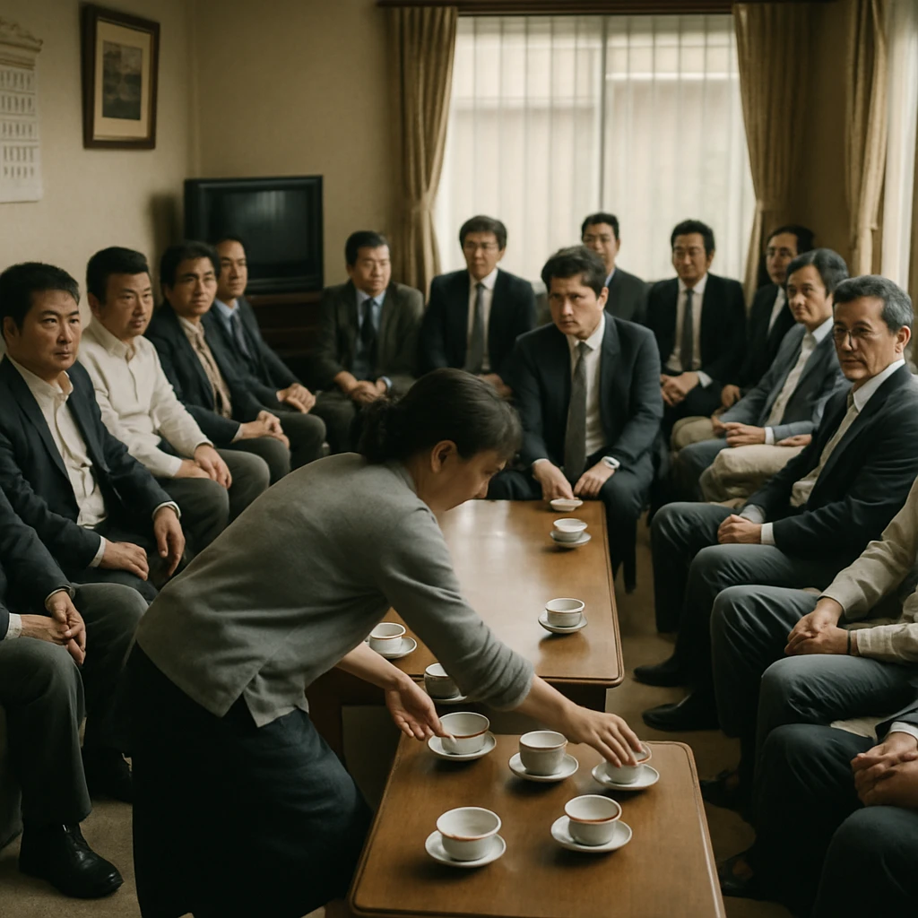 日本のリビングに大勢の中年男性が父親のような表情で座り、女性が慌ただしくお茶を配っている様子の写真。