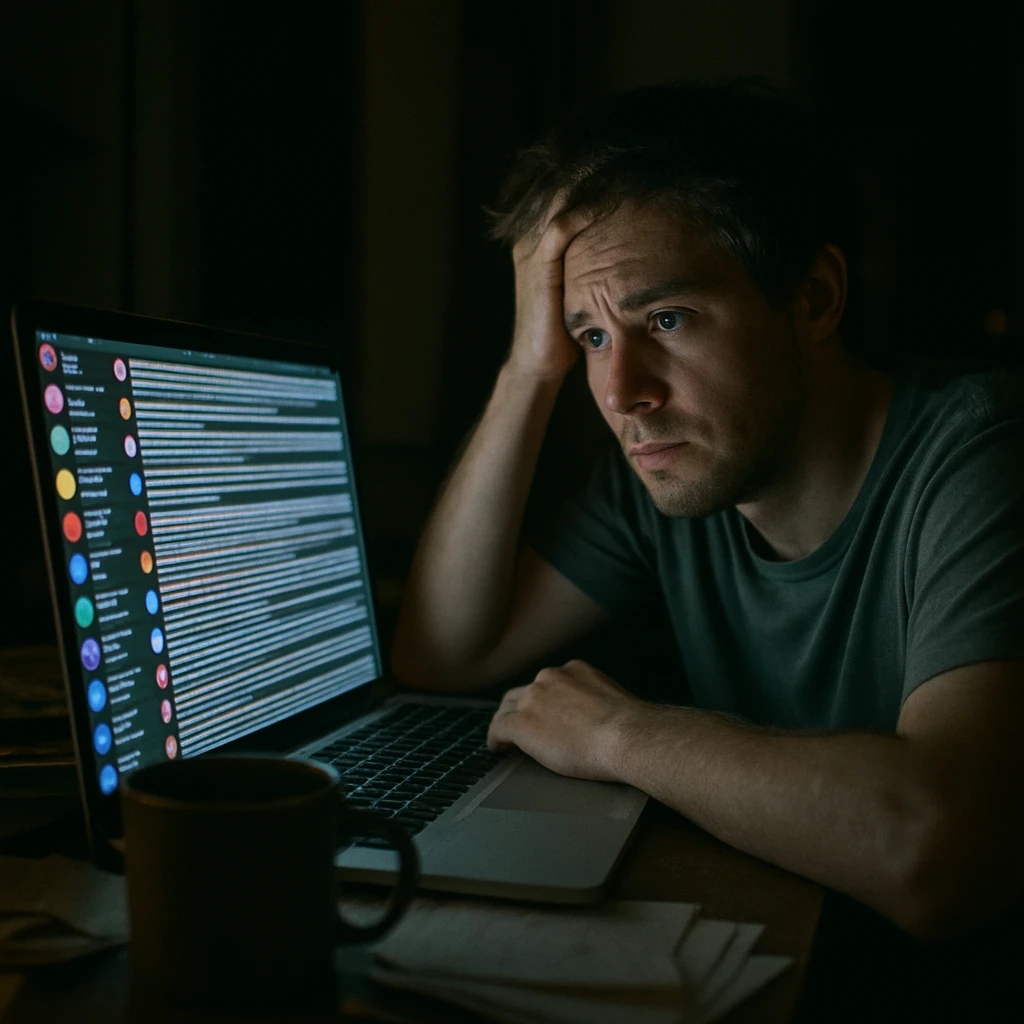 夜の薄暗い部屋で、パソコン画面の無限に流れるSNSコメントを見つめて困惑した表情の人物が座っている写真。