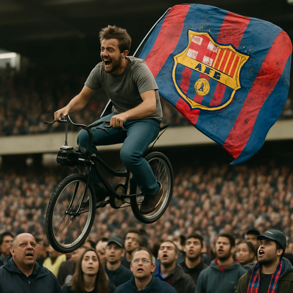 自作のラジコンバイクに乗り、巨大なクラブフラッグを引きながらスタジアム上空を飛ぶ男性ファンの実写風写真。