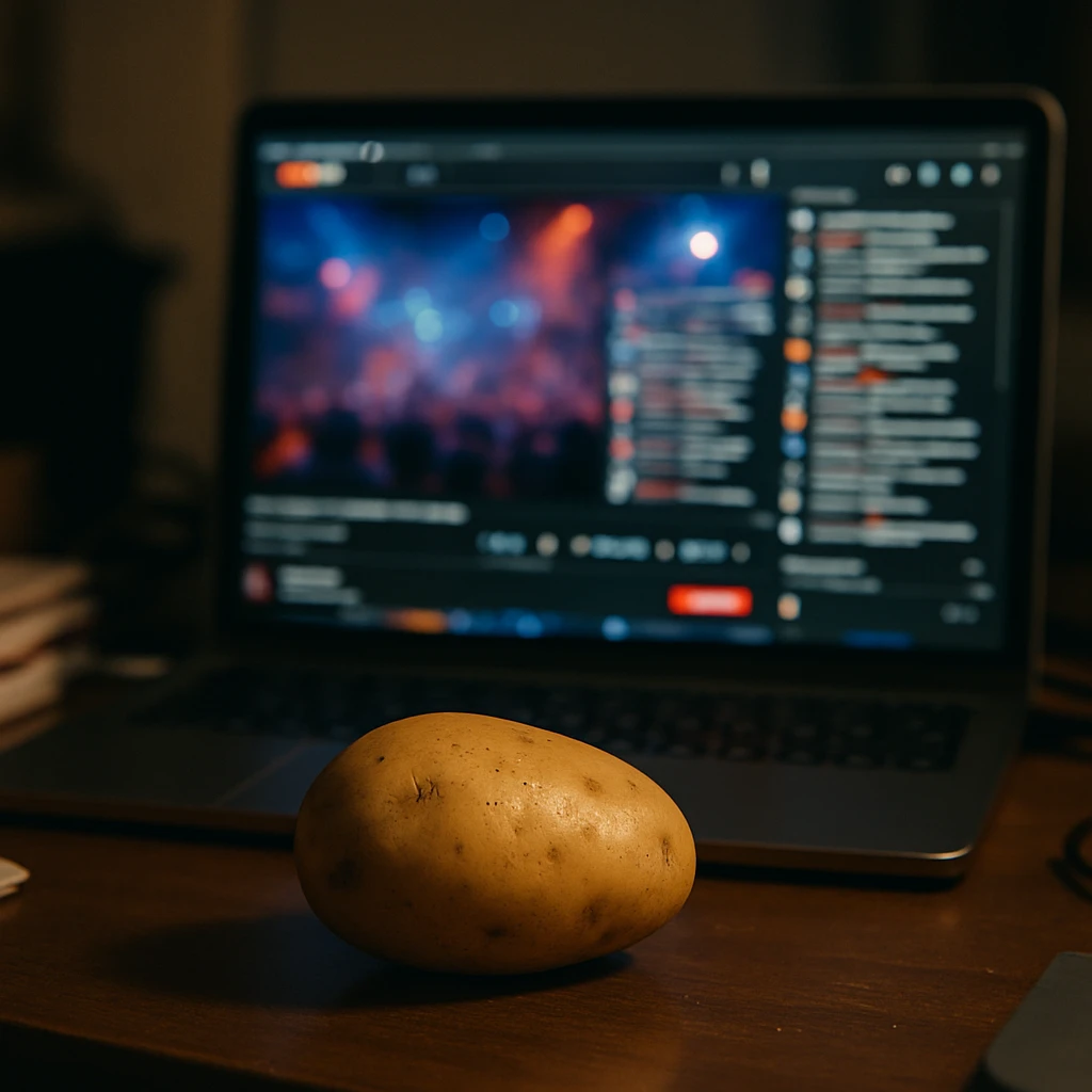 ノートパソコンの前に机の上に置かれた一つのじゃがいもと、画面には大量のコメントが流れるYouTubeライブ配信が映っている光景。