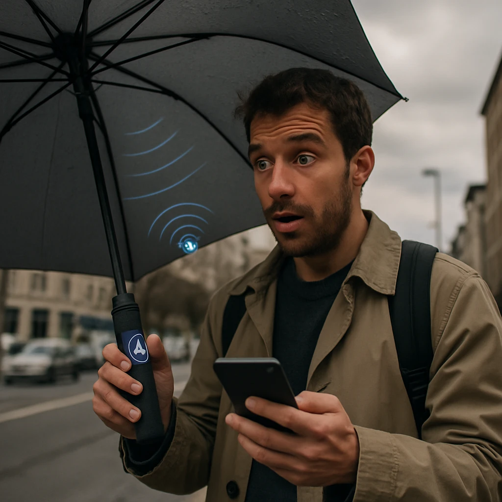 都市の歩道でスマート傘を持った人物が驚いた表情でスマートフォンの通知を見ている様子。