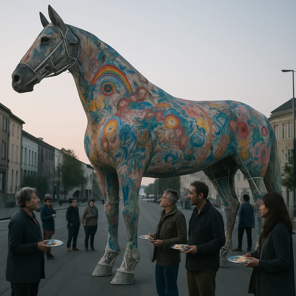 巨大なキャンバス馬に町民がペイントしている早朝の街並みの一場面。