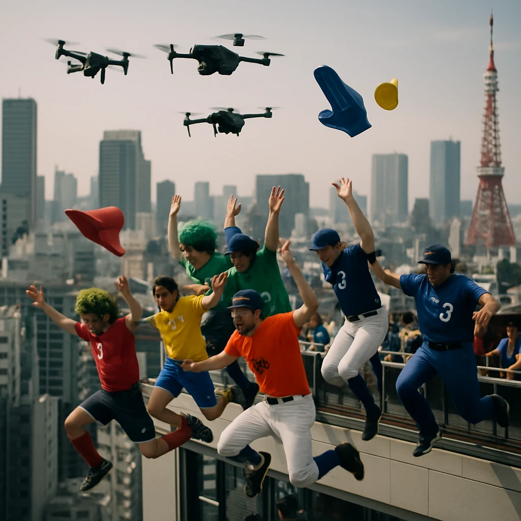 東京都内のスポーツバー屋上からユニフォーム姿のファンたちが一斉にジャンプし、空中で衣装や小道具が飛び散る様子をドローンが上空から撮影している写真。
