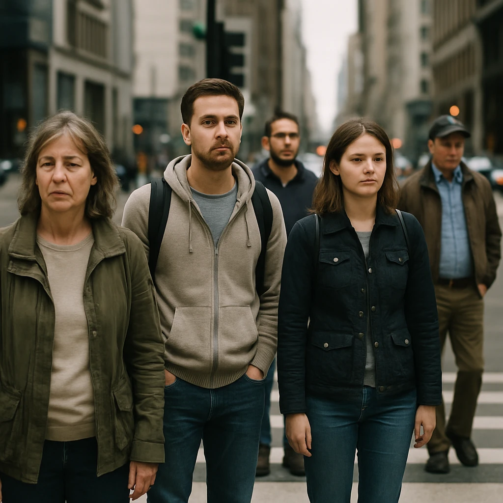 都市の横断歩道で、無表情のまま立ち尽くす普通の服装の人々を至近距離から写した写真。