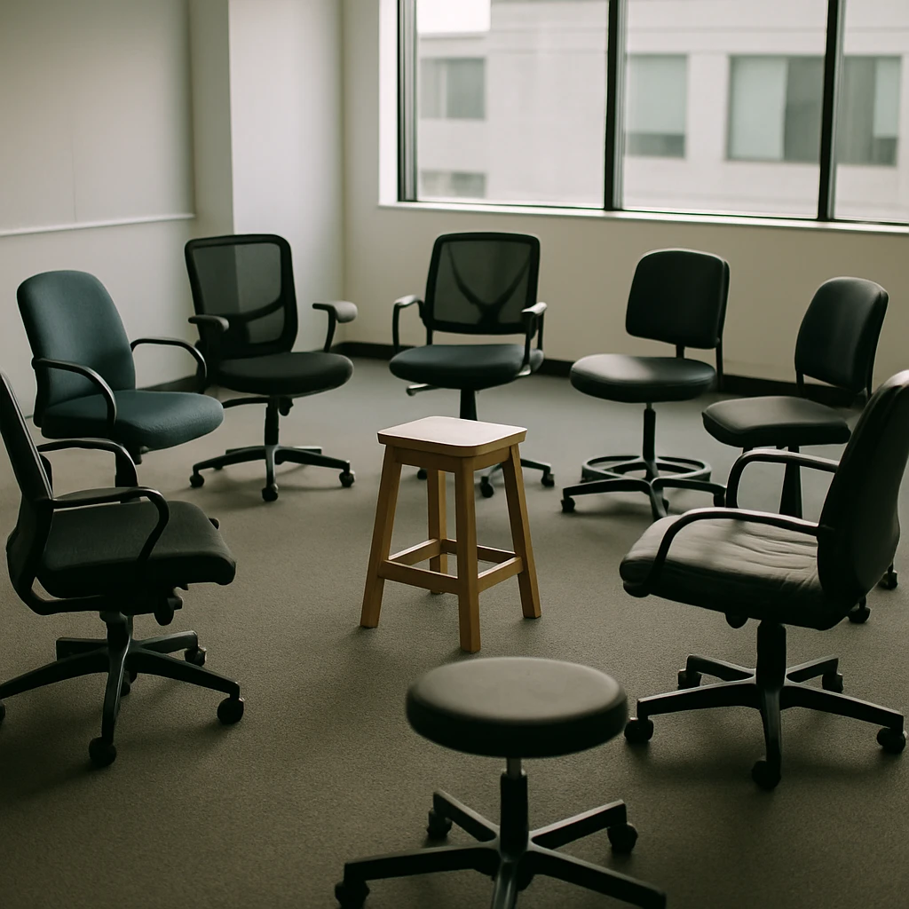 現代的な会議室の中央で輪になって並ぶさまざまな椅子とスツールが無人で配置され、ひときわ目立つ木製スツールが議長席のように置かれている写真。