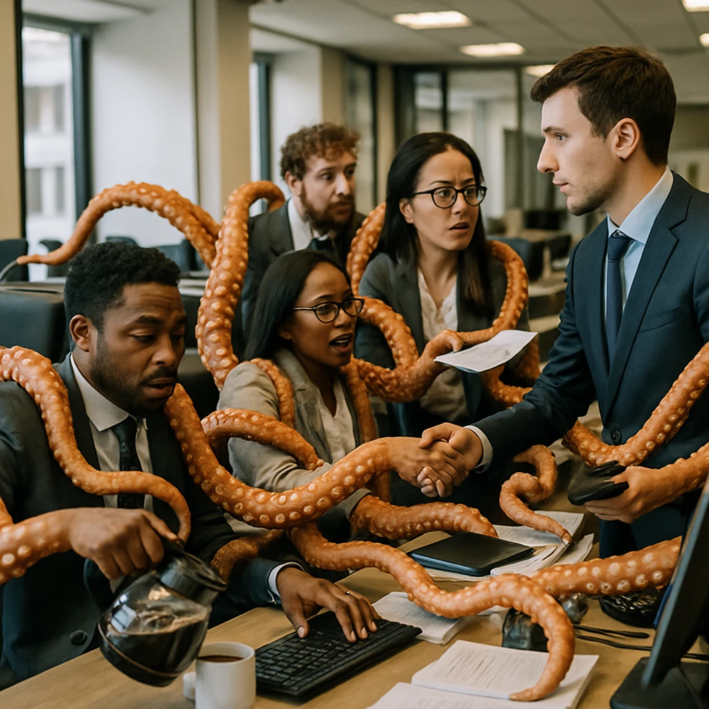 複数の社員がスーツ姿で8本のタコ型アームを装着し、それぞれの腕で様々なオフィス業務を同時にこなしている様子の実写風写真。