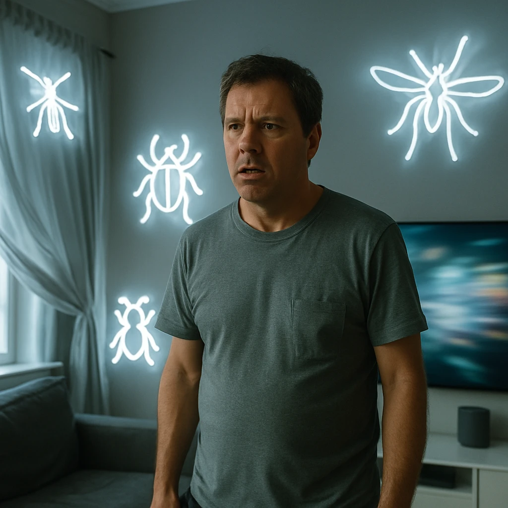 スマートデバイスが異常動作する未来的なリビングで困惑する中年男性の写真。