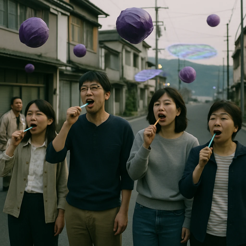 日本の港町の朝、数名が歯ブラシを持って歌い、背景に透明な紫キャベツやデジタル風のみずたまりなどが浮かび上がっている様子。