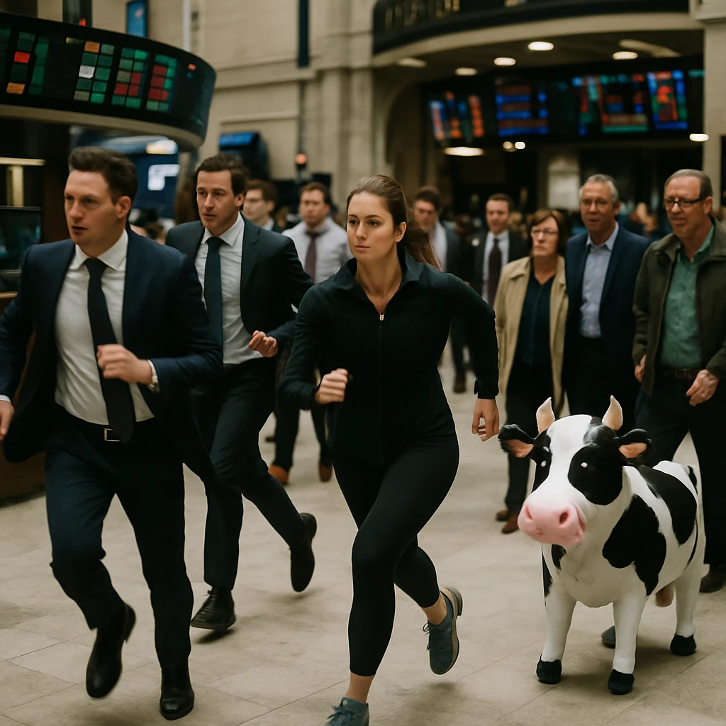 証券取引所の広間でスーツ姿の男女が逆方向に走り、近くには等身大の牛型バルーンと困惑気味の通行人が写っている写真。