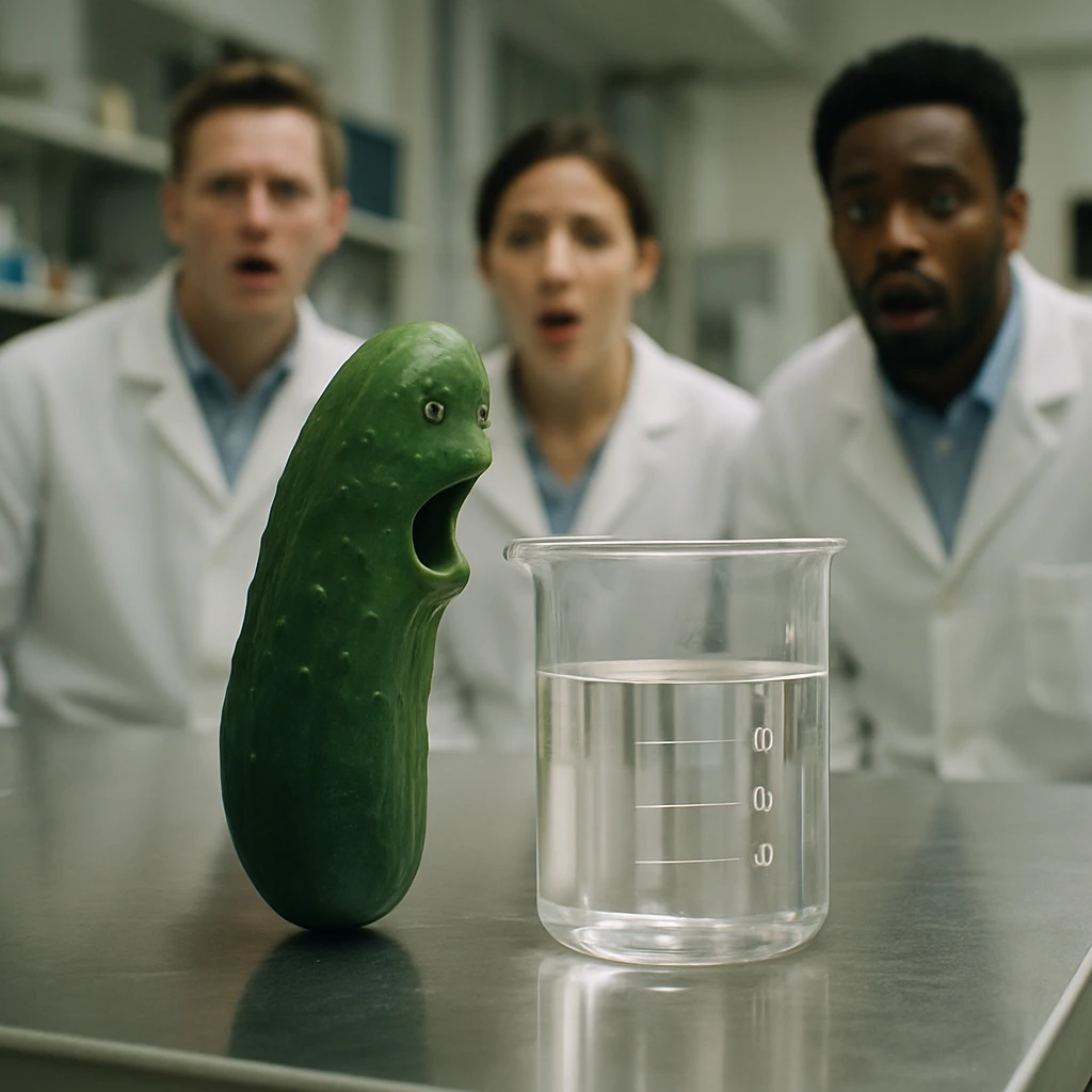研究室のテーブル上で口を開けてしゃべるきゅうりと、それを驚いて見つめる白衣の研究者たちの様子。