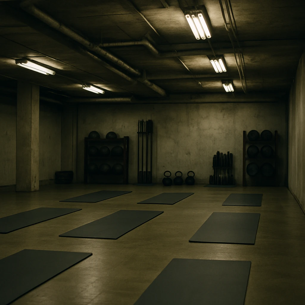 日暮里駅地下の誰もいないフィットネススタジオにヨガマットや器具が整然と置かれている様子。