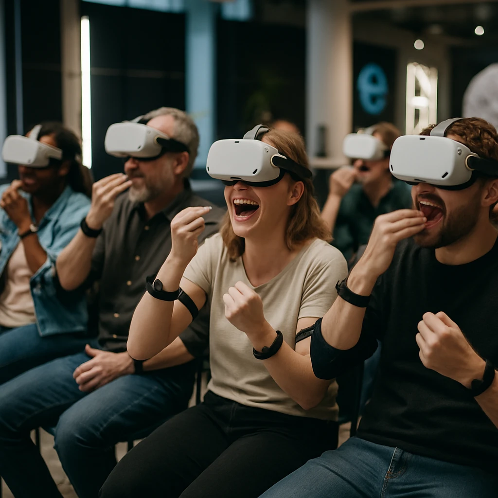 VRヘッドセットを装着し食事の動作を真似する複数の参加者がイベント会場で盛り上がっている様子の写真。