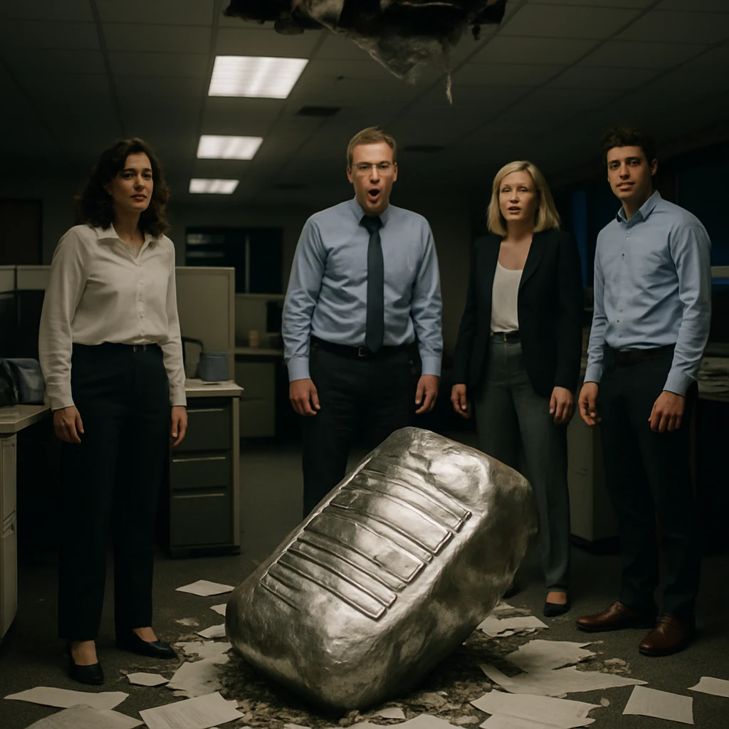 深夜のオフィスで天井を突き破って落下したプラチナ色の隕石と、それを驚きとともに見つめる人事部員たちの様子。