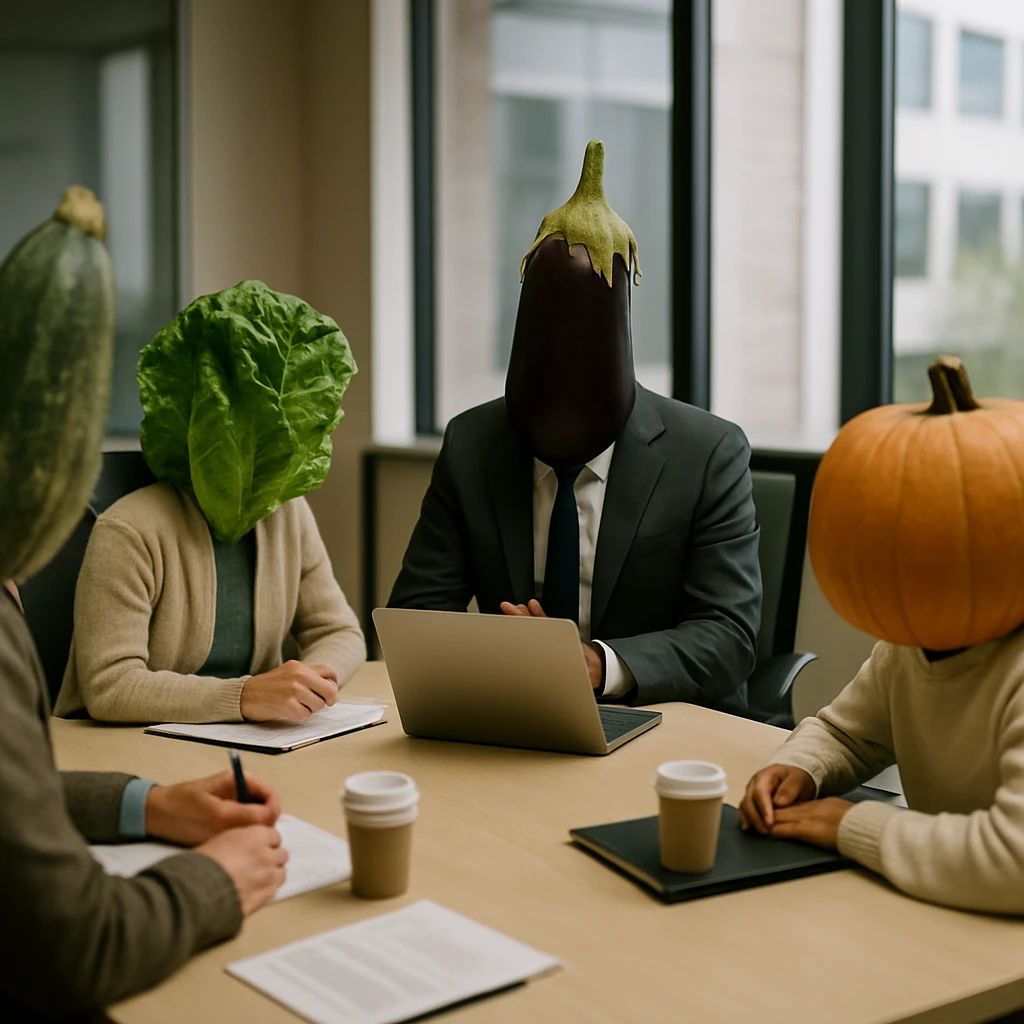 現実のオフィス会議室で、なすびなど野菜の姿をしたメンバーがテーブルを囲んでビジネス会議をしている様子。
