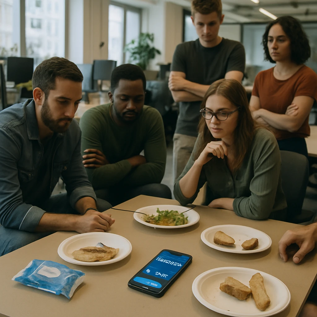 昼食後のスタートアップオフィスで、残飯とスマートフォンがテーブルに置かれている様子の実写写真。