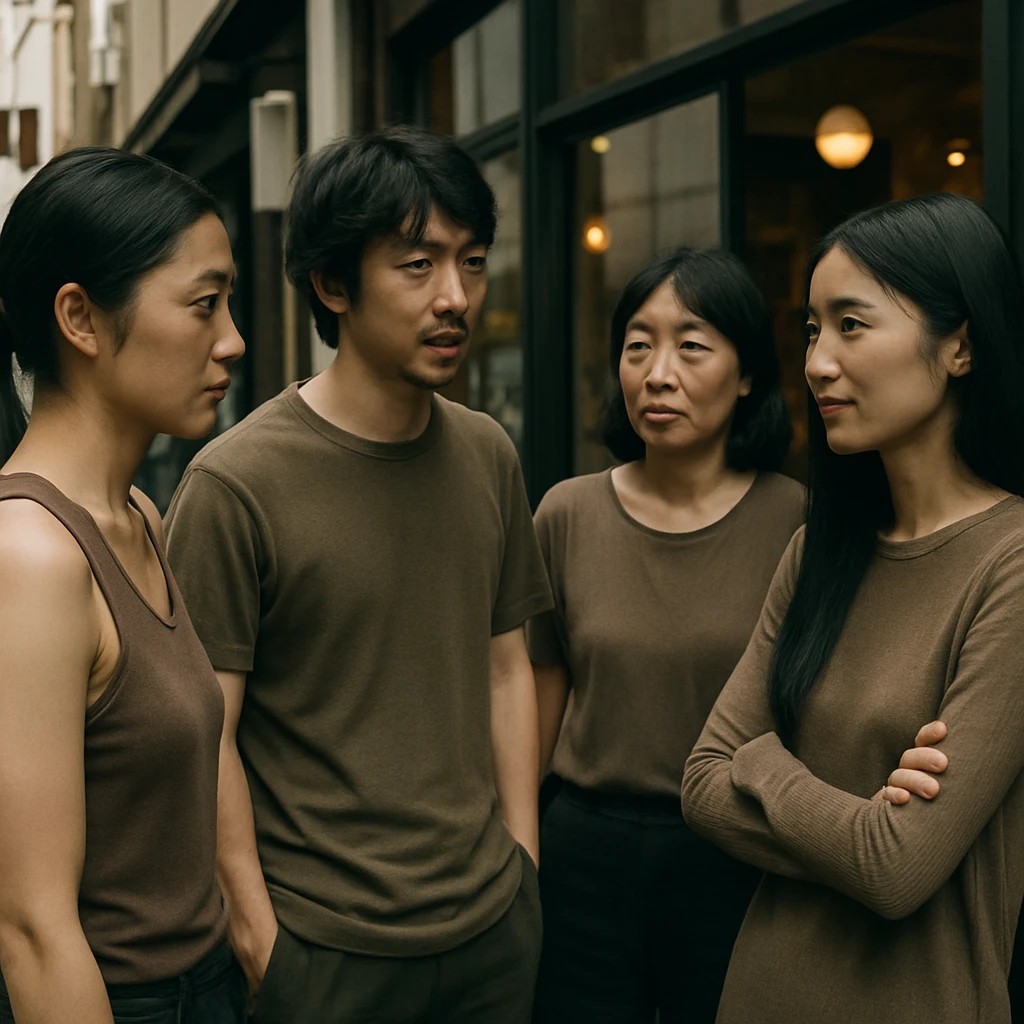 アースカラーのTシャツで袖の長さが異なる日本人男女がカフェ前で自然に談笑している様子の写真。