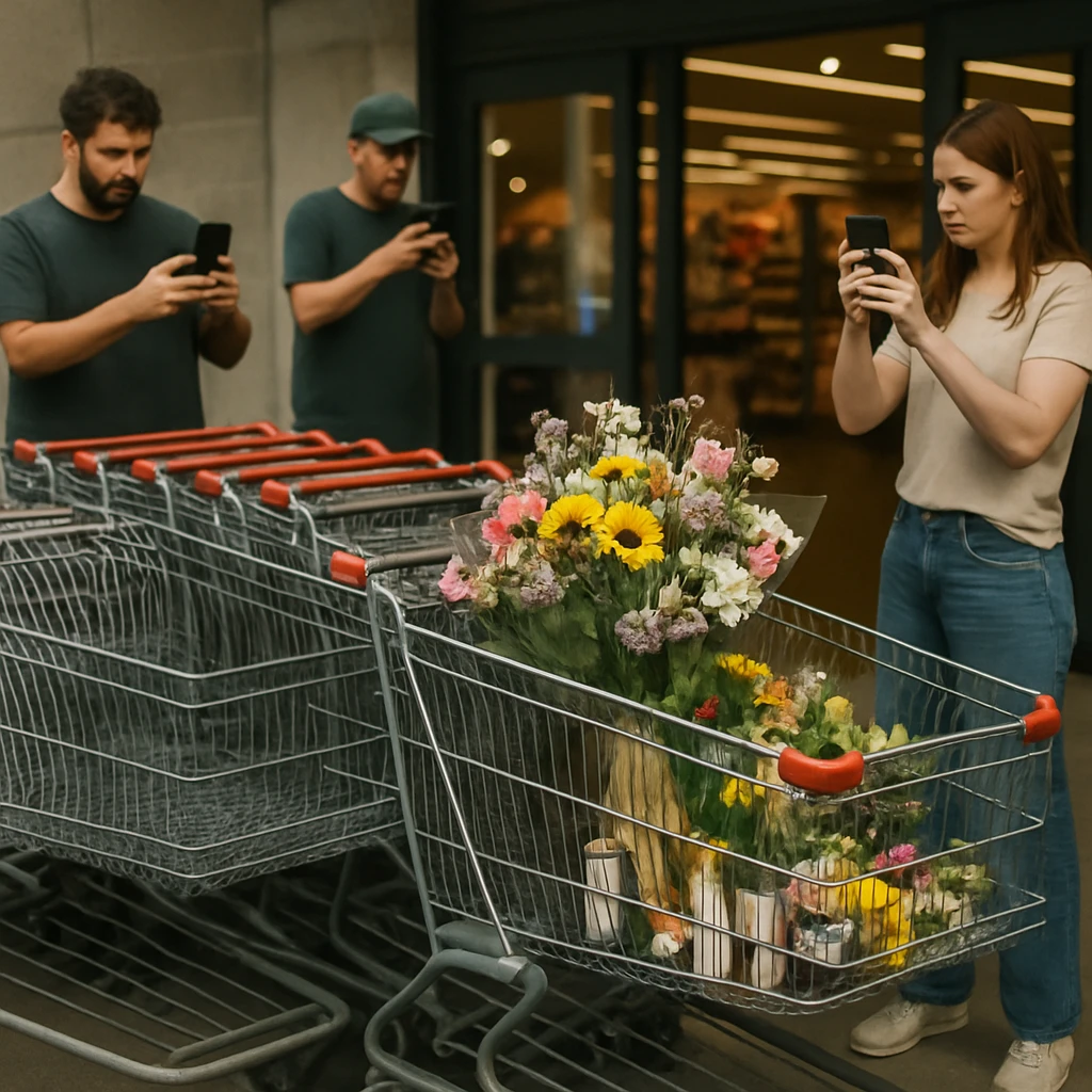 スーパーの入口前に集められた複数の近代的なショッピングカートのうち、1台に花や小物が飾られ、人々がその様子をスマートフォンで撮影している場面。