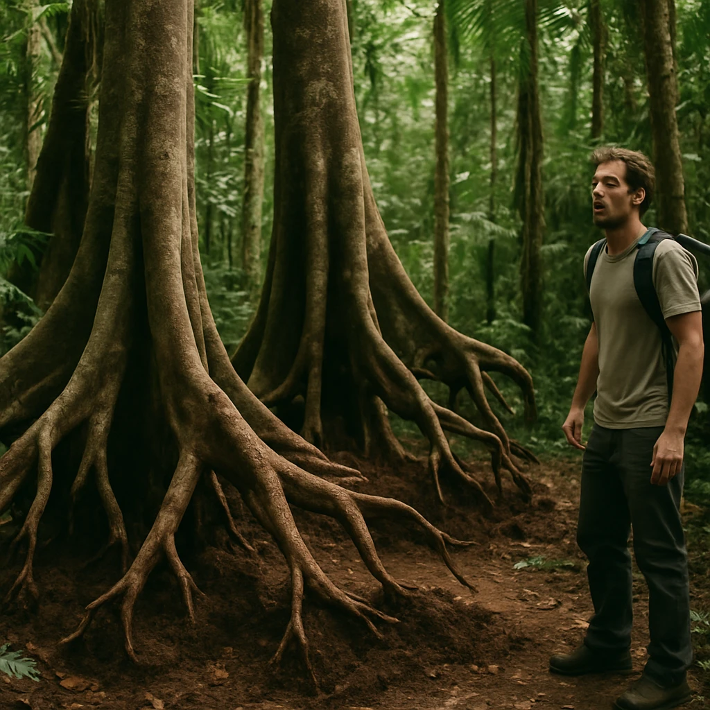 熱帯雨林で木々の根が大きく動いている様子と、驚いた表情でその光景を見つめる訪問者が写る写真。