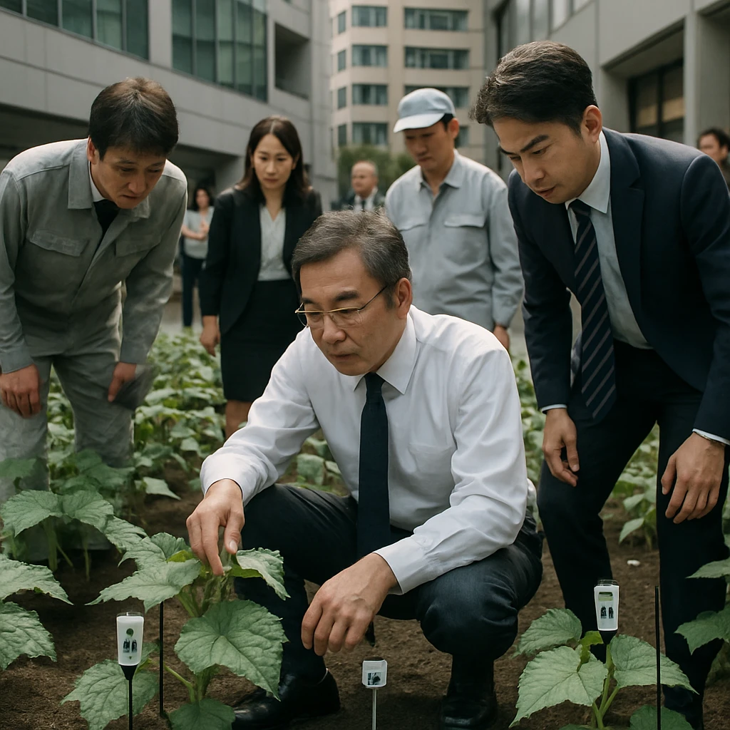 都会のオフィス敷地でスーツ姿のビジネスマンや作業服の従業員がきゅうり苗をQRコード付きで植えている様子。