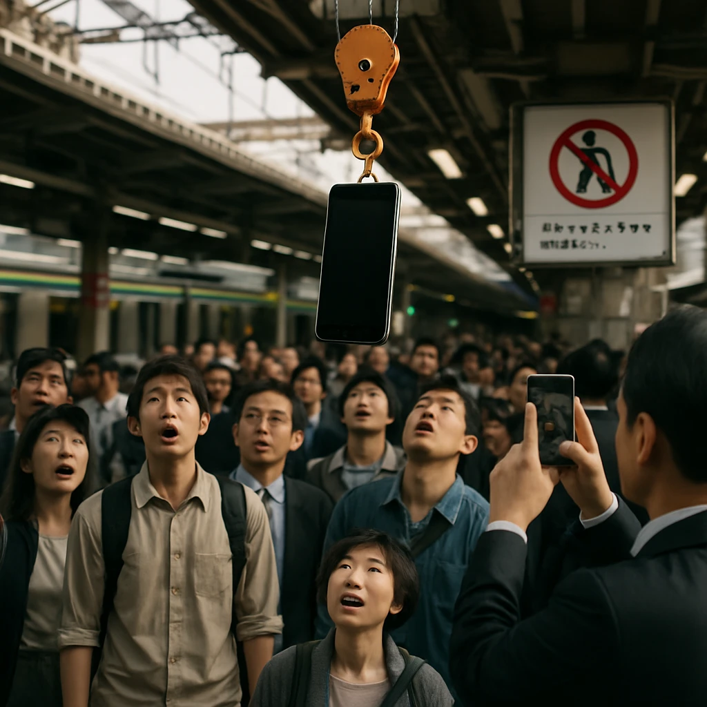 駅前でクレーンによって宙に吊るされたスマートフォンを人々が見上げている現実的な写真。