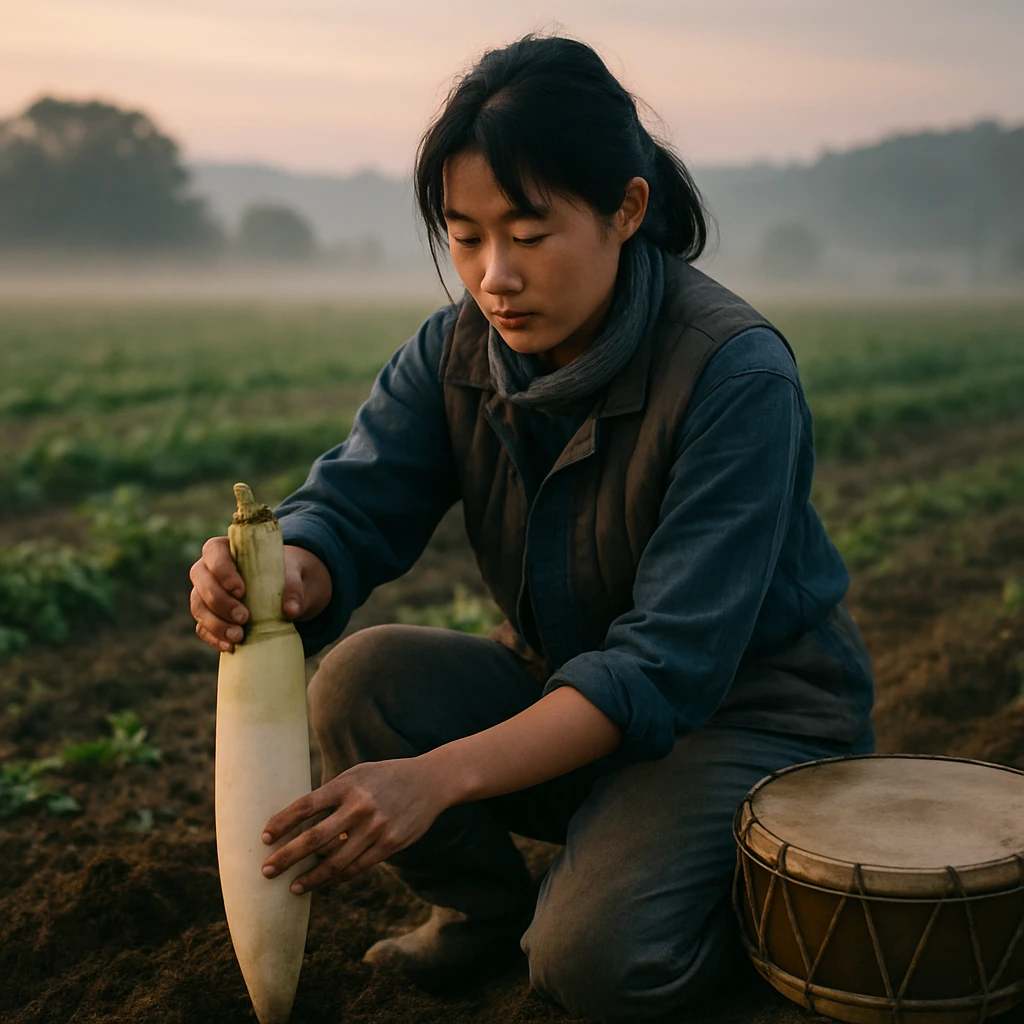 夜明け前の畑で作業服を着た若い女性が大根を土に刺し、隣に和太鼓が置かれている様子。