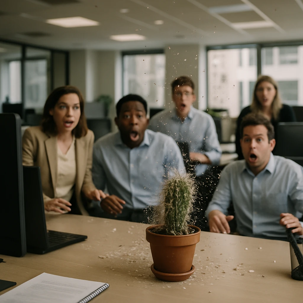 オフィスのデスク上でサボテンが爆発し、驚いた表情の社員たちがその様子を見ている現実的な一瞬の写真。