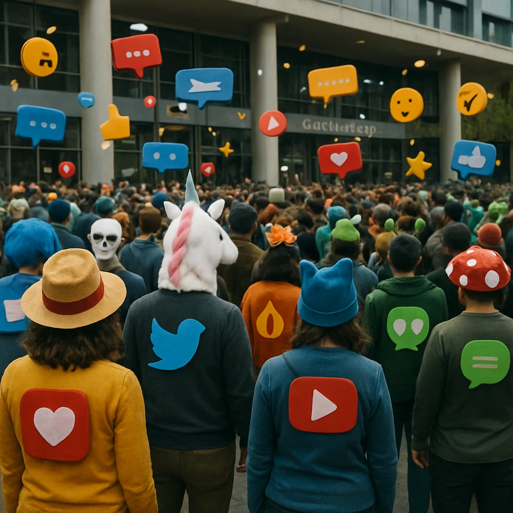 多目的ホール前にオフ会参加者が集まり、背中や服にアイコンやスタンプをつけ、空中にはコメントバナーや絵文字が漂う様子の写真。