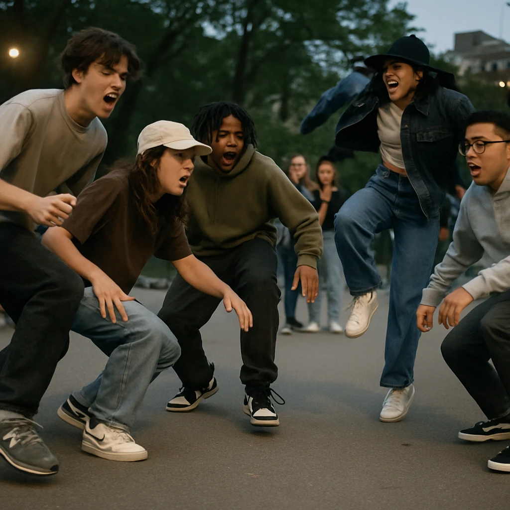 若者たちが公園で普通のスニーカーを履いてダンスし、周囲が驚いた様子で見ている写真。
