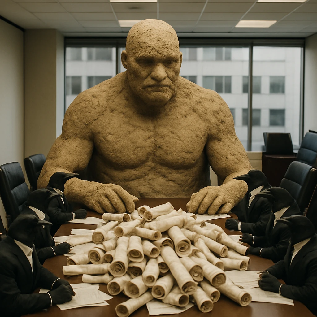 現代的な会議室で契約書の山に囲まれた巨大な砂の巨人とビジネススーツ姿のカラスたちが会議する様子。