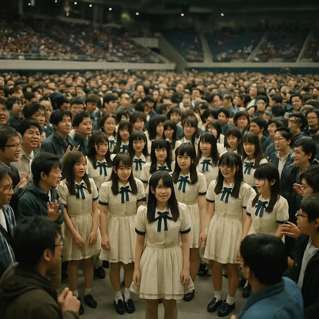 新銀座アリーナの明るい会場で、同じ衣装のアイドルが多数立ち、興奮したファンたちが何重にも取り囲んでいる様子。