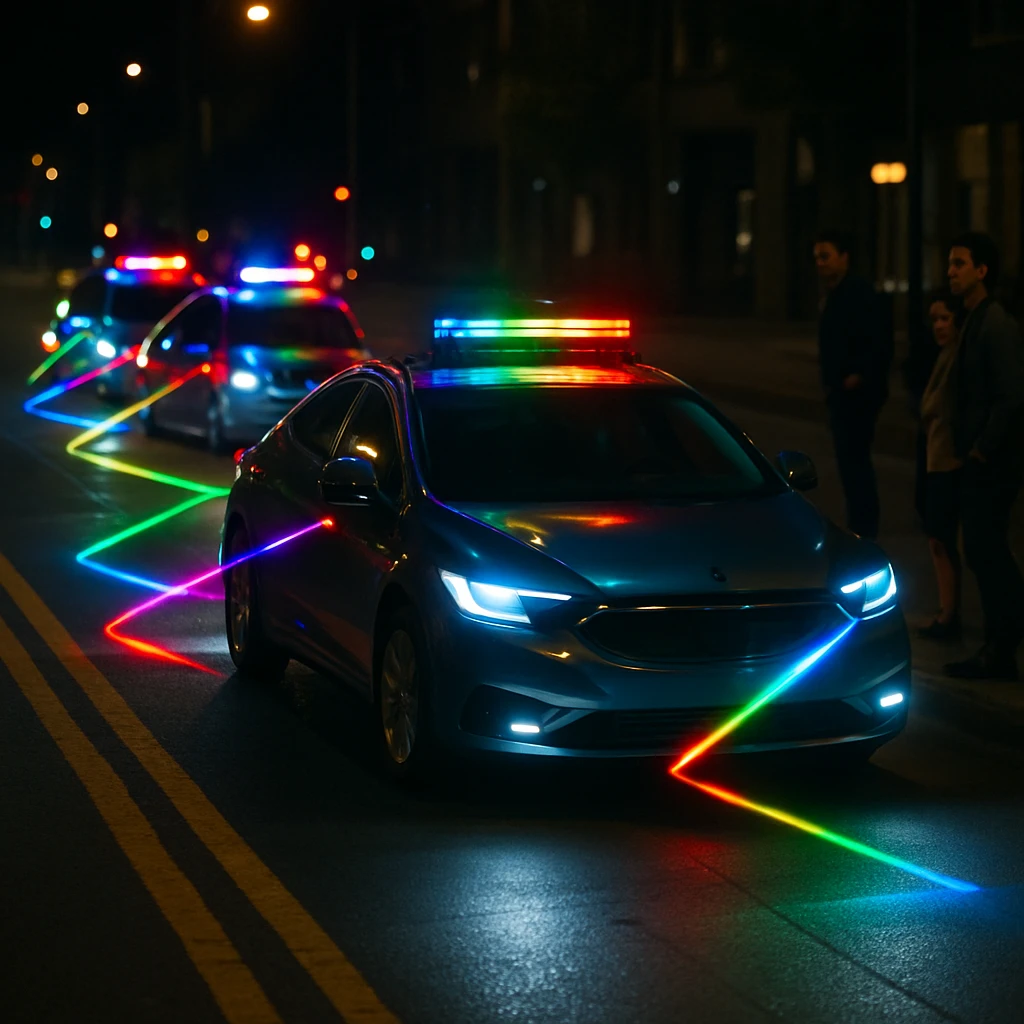 夜の道路でビーコンが点滅しながらジグザグに走行する自動運転車の列とそれを見つめる歩行者が写っている。