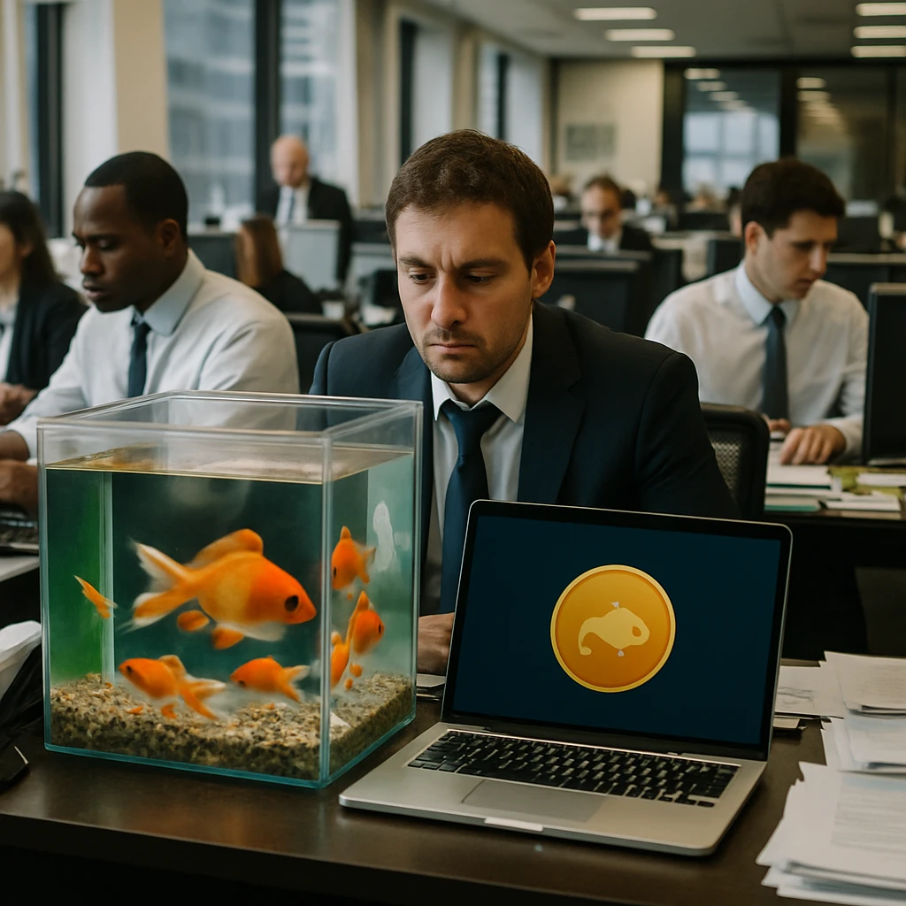 金融街のオフィス内で、デスクの上に金魚の水槽と仮想通貨の画面を映すノートパソコンが並ぶ様子。