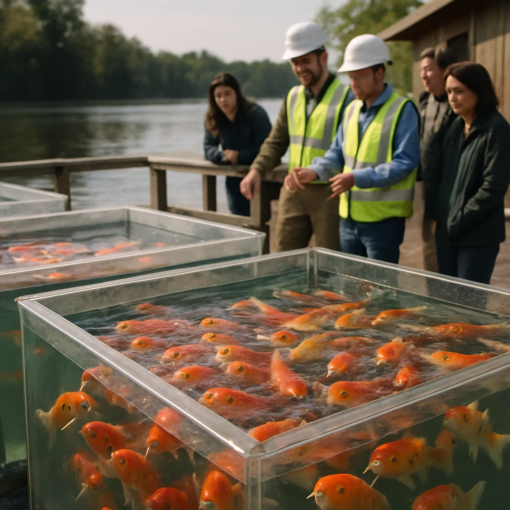 湖畔の巨大な水槽でカラフルなコイが泡を吹きながら泳ぎ、数人の技術者や見学者が観察している様子の写真。