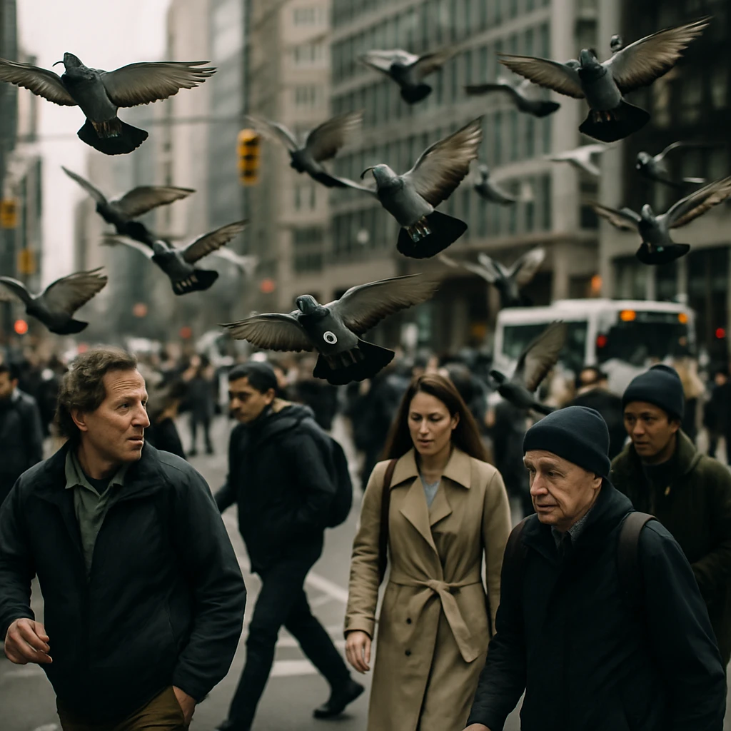 多くのハトが都市の交差点で群れをなし、困惑した表情の歩行者たちの頭上近くを飛んでいる写真。