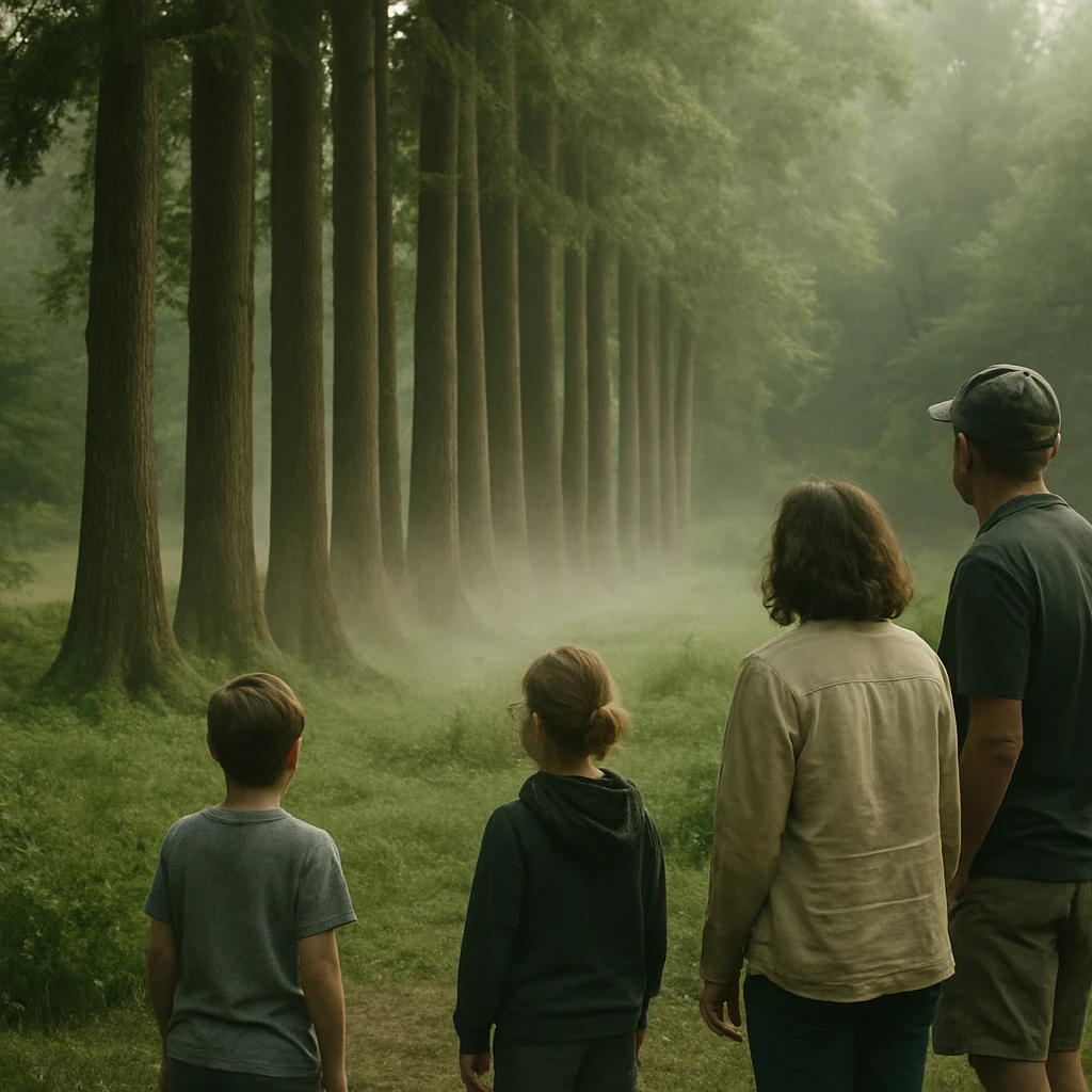 朝の国立公園で緩やかに傾きながら並ぶ木々を人々が静かに観察している様子の写真。