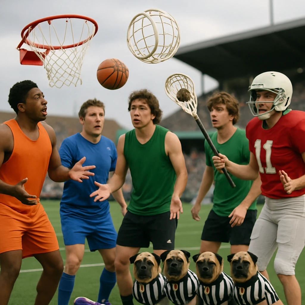 スポーツ用具が入り混じるフィールドで選手たちと、審判服と鈴をつけたパグ犬が混乱気味に立つ様子のリアルな写真。