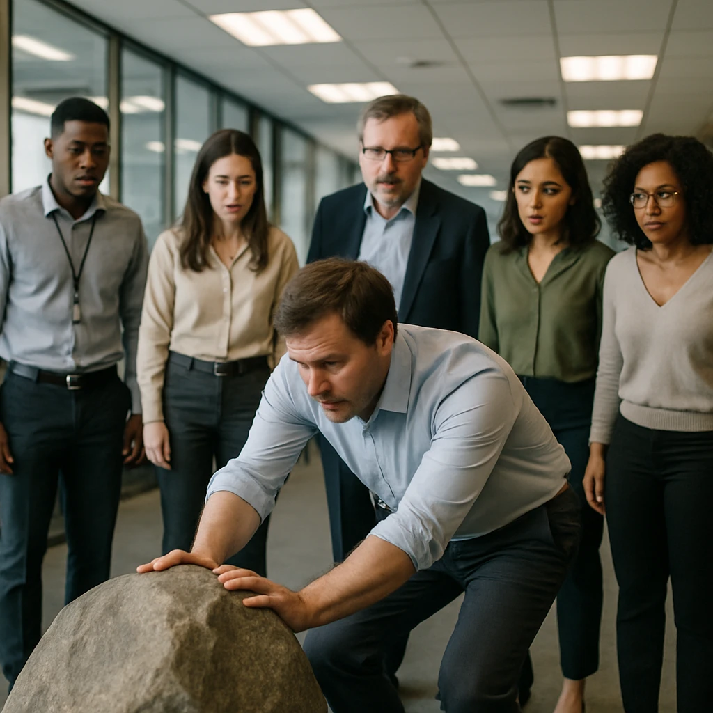 明るいオフィス内で大きな石を囲んで立つ複数の会社員たちが、誰かが石を転がそうとしている様子。