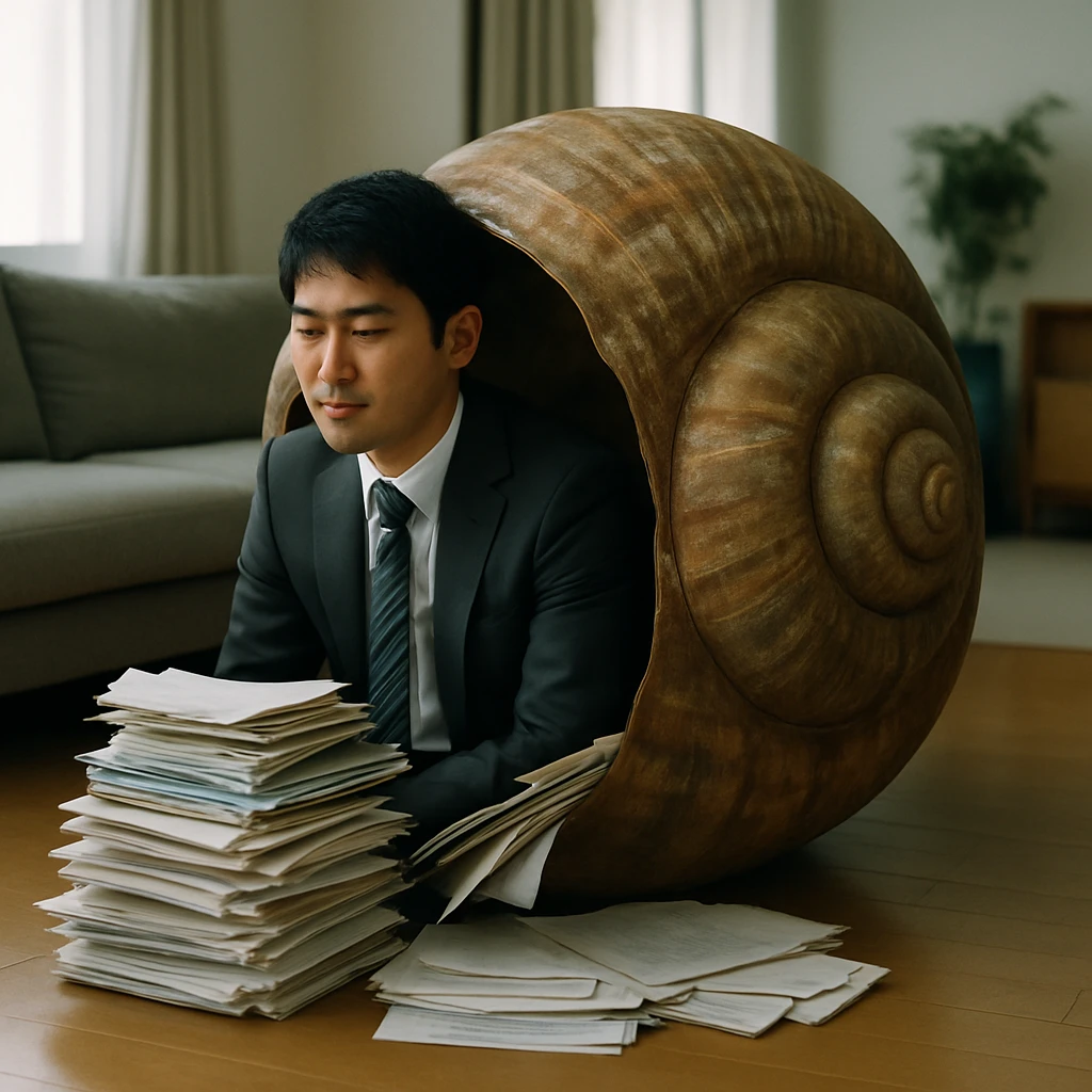 ビジネススーツ姿の若い日本人が巨大なカタツムリの殻の中で書類に囲まれて座っている写真。