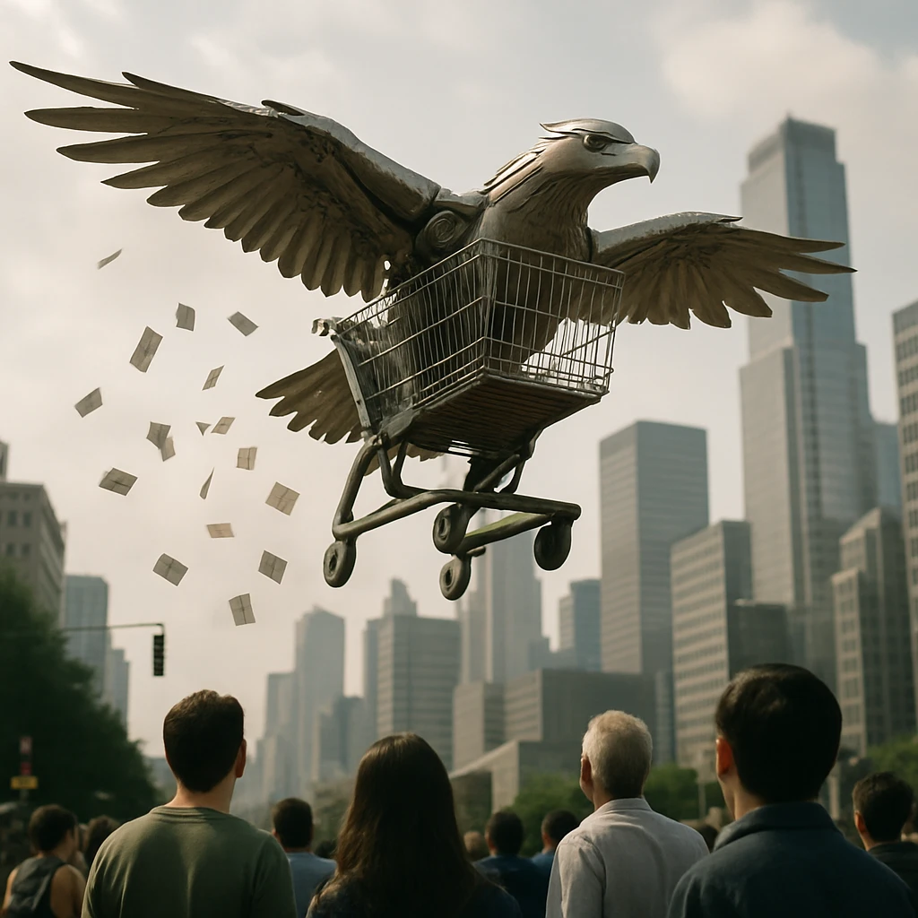 巨大なワシ型ショッピングカートが都市の上空を飛行し、下で人々が見上げて驚いている様子のリアルな写真。