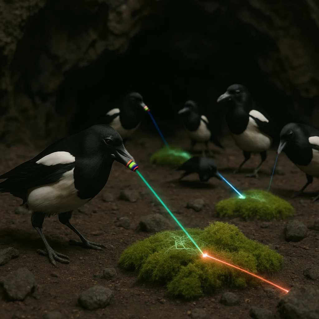 火山洞窟内でレーザーを使うカササギたちと輝く緑色の苔が写るリアルな写真。