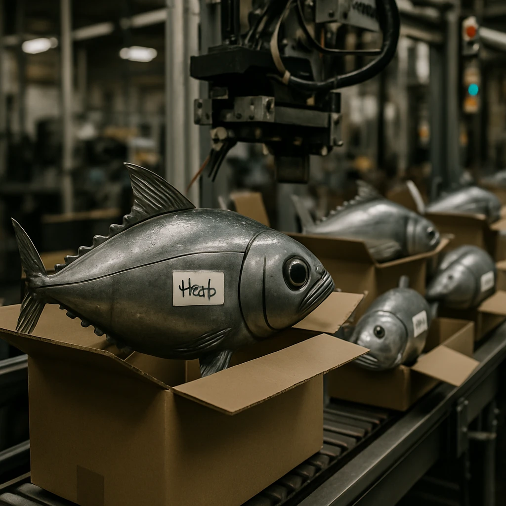 工場のベルトコンベア上に整列した金属製のマグロ型ロボットたちが自分で缶詰作業を行っている場面。