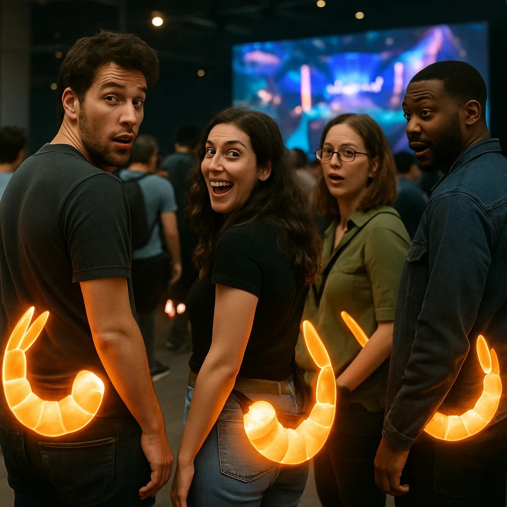 室内イベント会場で腰や背中にエビの尻尾状の光エフェクトが付いた参加者たちが驚きと笑顔を見せている写真。