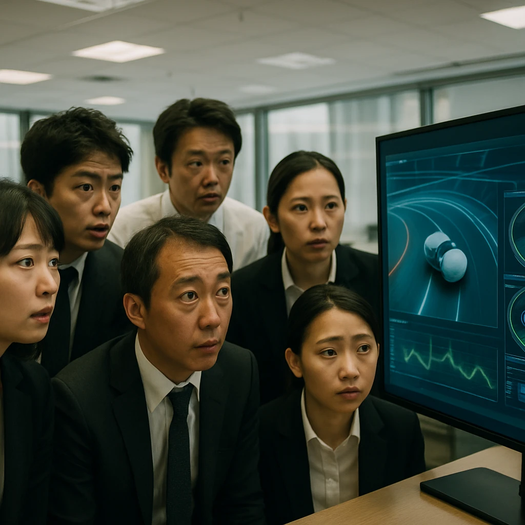 オフィスで健康スコアとカプセルレースの可視化画面を真剣な表情で見つめる複数のスーツ姿の会社員の様子。