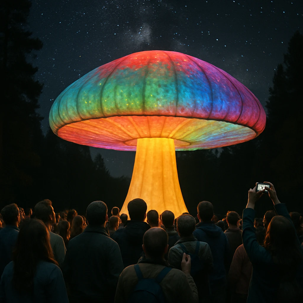 夜の森で巨大な発光キノコ型テントを見上げる観客たちの実写風写真です。