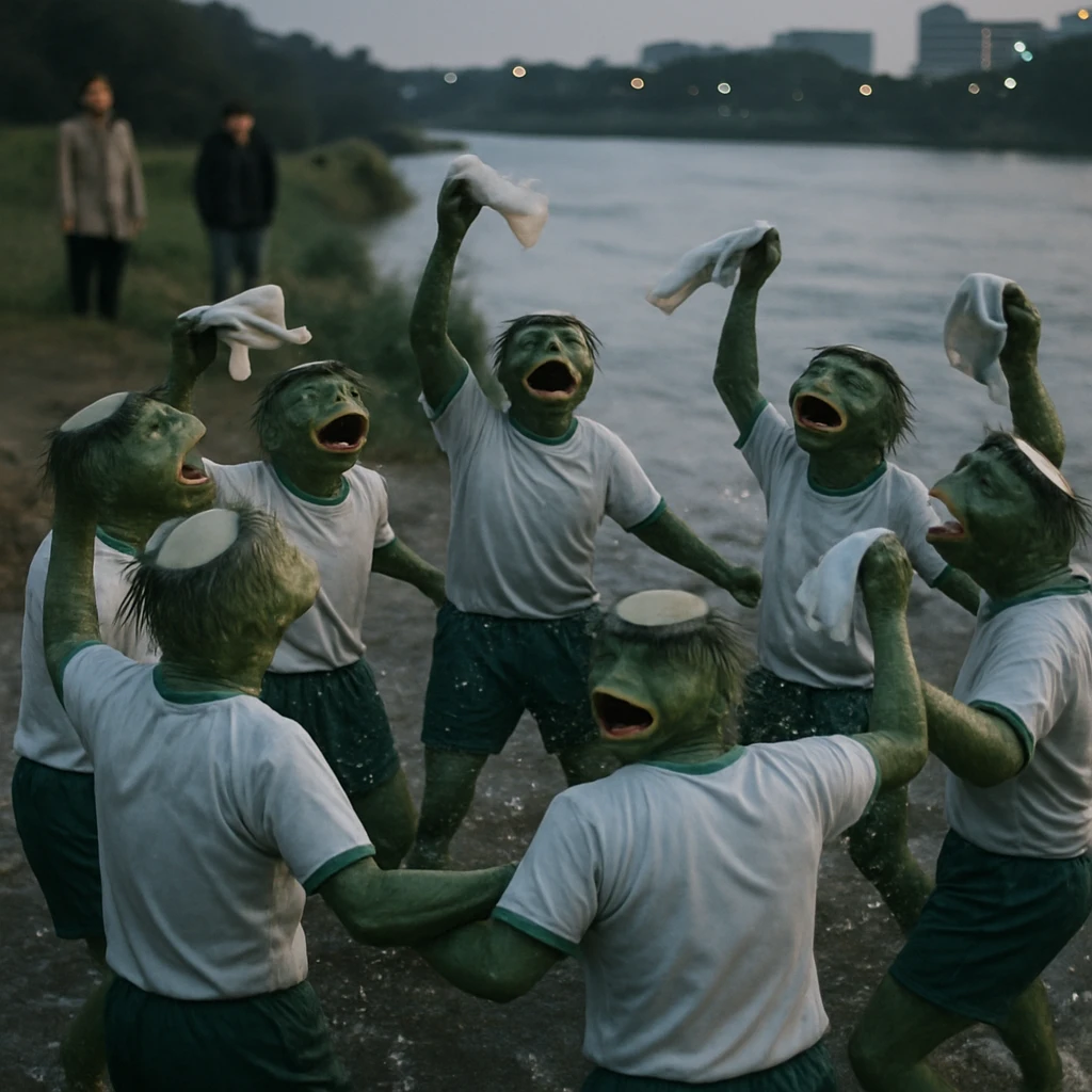 川辺で体操服姿のカッパ集団が円陣を組みタオルを振りながら合唱している様子を現実的に撮影した写真